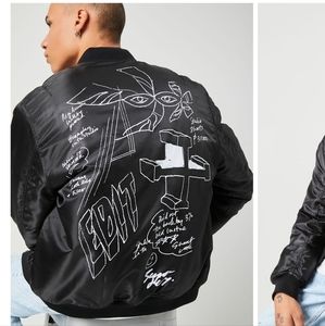 Mens Black Bomber Jacket Forever 21 Men Size L with Graphic Design